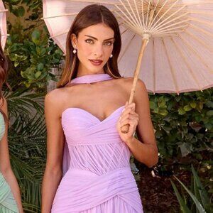 New Strapless Lavender Bridesmaid Dress w/ Pleated Draping & Corset Bodice CD395